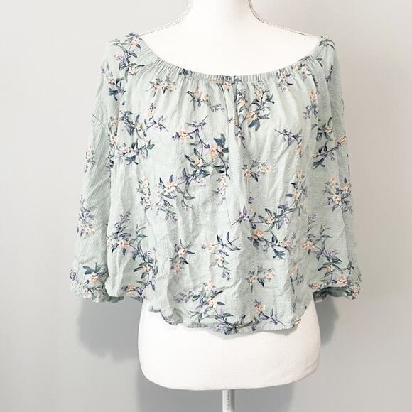 American Eagle blue floral poet top bell sleeves size medium coquette boho chic - Picture 1 of 10